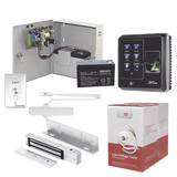 Sistema Completo de Acceso, Incluye Lector Biometrico SF300, Chapa magnética con bracket, Cierra puerta, Botón de Salida, Cable " Gratis ", y fuente profesional con Batería