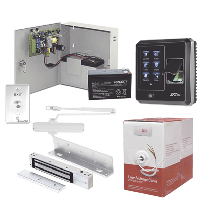 Sistema Completo de Acceso, Incluye Lector Biometrico SF300, Chapa magnética con bracket, Cierra puerta, Botón de Salida, Cable " Gratis ", y fuente profesional con Batería