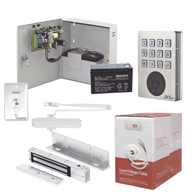 Sistema Completo de Acceso, Incluye Teclado con lector de tarjetas, Chapa magnética con bracket, Cierra puerta, Botón de Salida, Cable " Gratis ", y fuente profesional con Batería