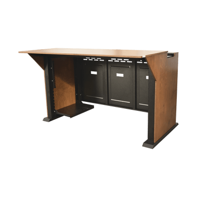 Consola Profesional para Monitoreo | Con Porta PC | Con Tomacorriente | Tapas Removibles | Color Negro y Nogal con Veta | Lamina de Acero Rolado Calibre 18 | Pintura en Polvo Electrostática.