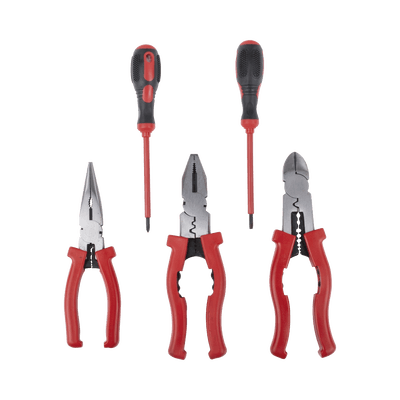 Kit de 3 Pinzas Aisladas + 2 Desarmadores Aislados de Electricista. Ideal para trabajos en Tableros Eléctricos.