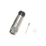Conector F Macho de Compresión Axial con Borne Negro para instalar en Cable Coaxial RG-11, 75 Ohm, Bronce-Niquelado.