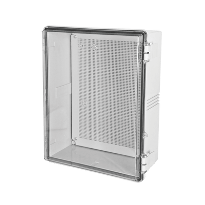 Gabinetes NEMA, cuerpo gris, cubierta transparente (400 x 500 x 160 mm), para interior y exterior, incluye panel