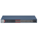 Switch PoE+ / Monitoreable / 24 Puertos 100 Mbps PoE+ / 2 Puertos 1000 Mbps + 2 Puertos SFP de Uplink (COMBO) / Configuración Nube Hik-Partner Pro / Modo Extendido hasta 300 Metros / 370 Watts