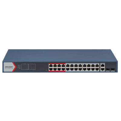 Switch PoE+ / Monitoreable / 24 Puertos 100 Mbps PoE+ / 2 Puertos 1000 Mbps + 2 Puertos SFP de Uplink (COMBO) / Configuración Nube Hik-Partner Pro / Modo Extendido hasta 300 Metros / 370 Watts