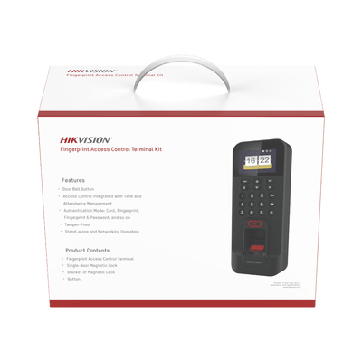 Kit de Control de Acceso TODO INCLUIDO con Lector de Huellas y Tarjetas / 3,000 Huellas / Compatible con App Hik-Connect / Incluye Electroimán Botón de Salida y Montajes Z y L para imán (DS-K1T804)