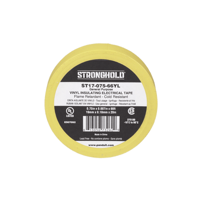 Cinta Eléctrica STRONGHOLD para Aislar, de PVC, Uso General Reparación y Mantenimiento, Grosor de 0.18mm (7 mil), Ancho de 19mm, y 20.12m de Largo, Color Amarillo