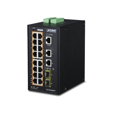 Switch Industrial Administrable 16 puertos 10/100/1000 T 802.3at PoE + 2 Puertos 10/100/1000 T + 2 puertos 100/1000 X SFP