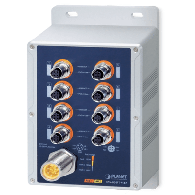 Switch Industrial IP67 8 Puertos 10/100TX M12 / IEEE 802.3at PoE+ / 180W PoE Budget / -40~75°C / Aluminio / DIN-Rail y Montaje en Pared / Protección ESD y Sobretensiones de 6KV