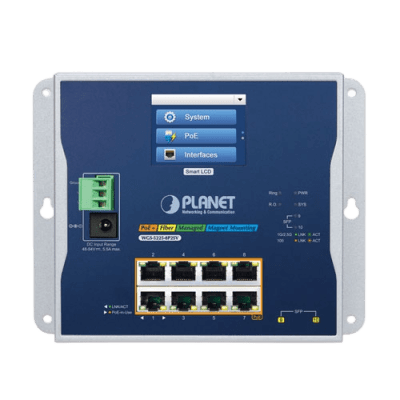 Switch Industrial Flat-Type 8 Puertos Gigabit C/PoE 802.3at, 2 Puertos SFP, LCD