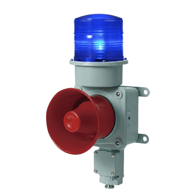 Combinación de baliza LED color Azul con sirena electrónica para aplicaciones de la industria pesada máx.114 dB a 220 VCA