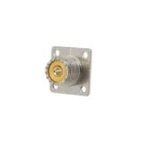 Conector UHF Hembra (SO-239), para Montaje en Chasis con 4 perforaciones a 18 mm, Terminal Soldable, Níquel/ Plata/ Delrin.
