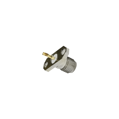 Conector SMA Hembra de Montaje en Panel para 2 Perforaciones y PIN Soldable, Requiere Capucha, Níquel/ Oro/ Teflón.