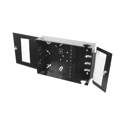 Caja de conexión de fibra óptica, para montaje en pared, hasta 192 puertos LC o SC ( Acepta 8 placas Acopladoras), color negro