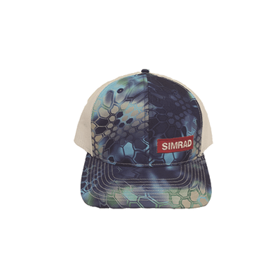 Gorra color azul y blanco con logo simrad