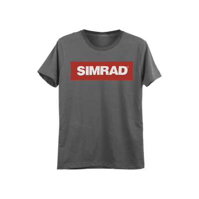 Playera gris talla mediana con logo de SIMRAD.