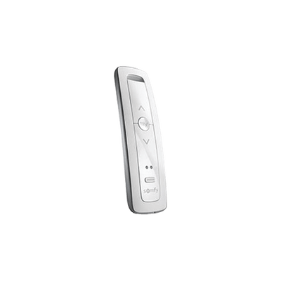 Control remoto 2 canales para motores de persiana Somfy con señal inalámbrica, instrucciones: sube, baja y detener, con posición favorita programada.
