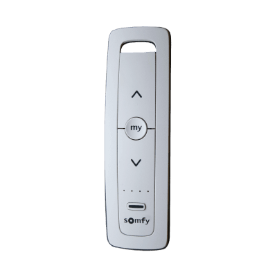 Control remoto 5 canales para motores de persiana Somfy con señal inalámbrica, instrucciones: sube, baja y detener, con posición favorita programada.