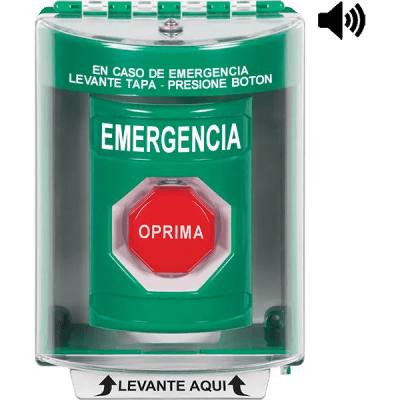 ​Botón Multipropósito, Color Verde, De Superficie con Espaciador, C/Tapa De Policarbonato, C/Bocina Pre Alarma, Interior/Exterior, Llave Para Restablecer, Texto De Emergencia, Español