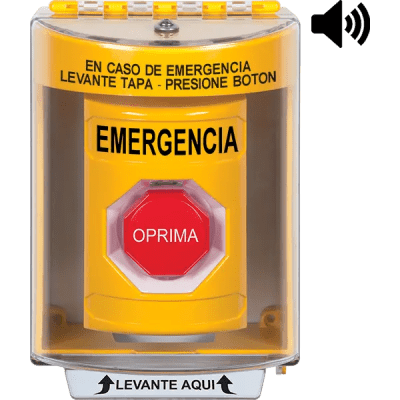 ​Botón Multipropósito, Color Amarillo, De Superficie con Espaciador, C/Tapa De Policarbonato, C/Bocina Pre Alarma, Interior/Exterior, Llave Para Restablecer, Texto De Emergencia, Español