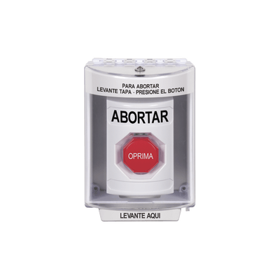 Botón de Abortar, Bocina de Advertencia Integrada, Texto en Español, Tapa Protectora de Policarbonato Súper Resistente con Espaciador, Restablecimiento con Llave
