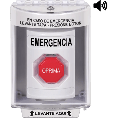 ​Botón Multipropósito, Color Blanco, De Superficie con Espaciador, C/Tapa De Policarbonato, C/Bocina Pre Alarma, Interior/Exterior, Llave Para Restablecer, Texto De Emergencia, Español
