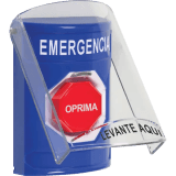 ​Botón Multipropósito, Color Azul, De Superficie, Con Tapa De Policarbonato, Sin Bocina Pre Alarma, Solo Interior, Llave Para Restablecer, Texto De Emergencia, Español
