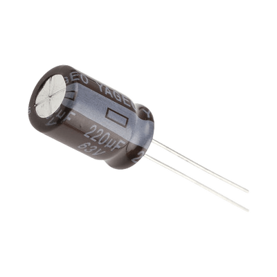 Capacitor Electrolítico de Aluminio, Radial de 220 µFd, 63 Vcc, 105 °C, 10 x 15 mm.