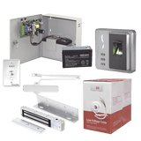 Sistema Completo de Acceso, Incluye Lector Biometrico, Chapa magnética con bracket, Cierra puerta, Botón de Salida, Cable " Gratis ", y fuente profesional con Batería
