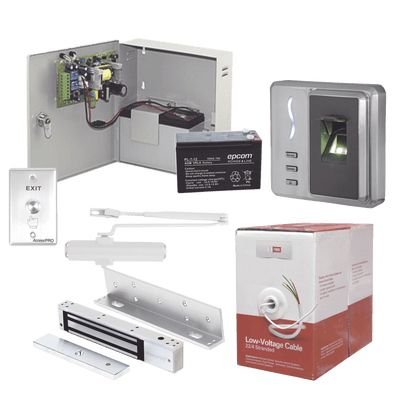 Sistema Completo de Acceso, Incluye Lector Biometrico, Chapa magnética con bracket, Cierra puerta, Botón de Salida, Cable " Gratis ", y fuente profesional con Batería