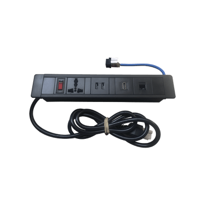 Hub para escritorio color negro, con 1 Puerto HDMI Hembra-Hembra, 1 Conector RJ45 Cat6, 2 Puertos USB 5V DC /2 A, y 1 Contacto eléctrico universal (11100-00001)