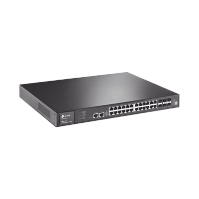 Switch Core JetStream administrable capa 3, 24 puertos RJ45 Gigabit, 4 puertos SFP combo, hasta 4 ranuras SFP+, apilamiento de hasta 8.