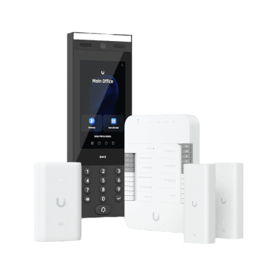 Kit de Inicio para Control de Puerta Vehicular / Intercomunicador / Desbloqueo NFC, QR, PIN, app móvil, solicitud de apertura a contacto de agenda, reconocimiento de Placas (al emparejar con una cámara UniFi AI) / Incluye HUB, Intercom, Adap