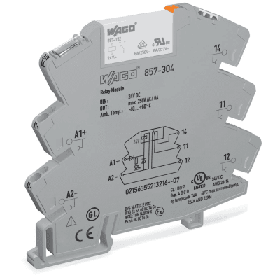 Módulo con Relé WAGO 857-304 / Tensión Nominal 24 VCC / 1 Inversor / Corriente Permanente Límite 6 A / Indicador de Estado LED Amarillo / Ancho de Montaje 6 mm / Material Poliamida (PA 66) / IP20 / Aislamiento Reforzado