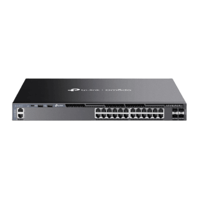 Switch Omada L3 SDN Administrable / 24 puertos Gigabit y 4 puertos SFP+ / Funciones RIP, VRRP, Servidor DHCP / Administración centralizada OMADA / Fuente Redundante