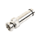 Conector BNC Macho en 75 Ohm, de Compresión Axial para Cable Coaxial RG-59/U, Níquel/ Oro/ Politetrafluoroetileno.