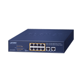 Switch de Escritorio No Administrable / 8 Puertos 10/100/1000T PoE+ 802.3at / 2 Puertos Uplink 10/100/1000T / Presupuesto PoE 120 Watts / Modos Estándar, VLAN y Extend / Distancia Extendida 250 mts / Rackeable