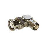 Adaptador en Ángulo Recto, de Conector BNC Macho a BNC Hembra, 50 Ohm (Monitor), Níquel/ Plata/ Teflón.