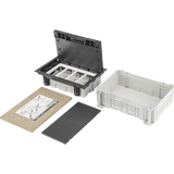 Caja Para Instalación en Pavimento para Voz, Datos o Contactos Eléctricos / Capacidad para 4 Módulos / Espacio Embellecedor en la Tapa / Profundidad Ajustable de 90 a 120 mm / Los Módulos se Adquieren Aparte / Incluye Registro