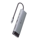 Adaptador HUB 9 en 1, 1 puerto USB-C entrada, 1 puerto HDMI 4K, 1 puerto Ethernet Gigabit, 1 puerto SD y MicroSD, 1 puerto USB-C y 3 puertos USB-A
