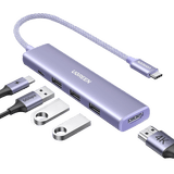 HUB USB-C (Docking Revodok) 5 en 1 | HDMI 2.0 4K@30Hz | 3 USB-A 3.0 (5Gbps) | USB-C PD Carga 100W | Chip de Última Generación | Cable de Nylon Trenzado de 25 cm | Carcasa de Aluminio | Color Morado.
