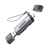 Lector de Tarjetas USB-C + USB-A a MicroSD (TF)/SD | OTG | USB-C 3.1 | 5Gbps | Soporta hasta 2TB | Soporta Windows/Mac OS/Linux/Android | Lectura de Tarjetas Simultánea | Caja de Aluminio | Llavero Anti-perdida.